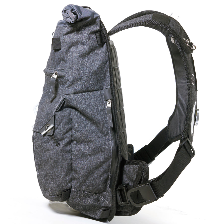 Side view on a medium-sized backpack for motorcycle commuting.