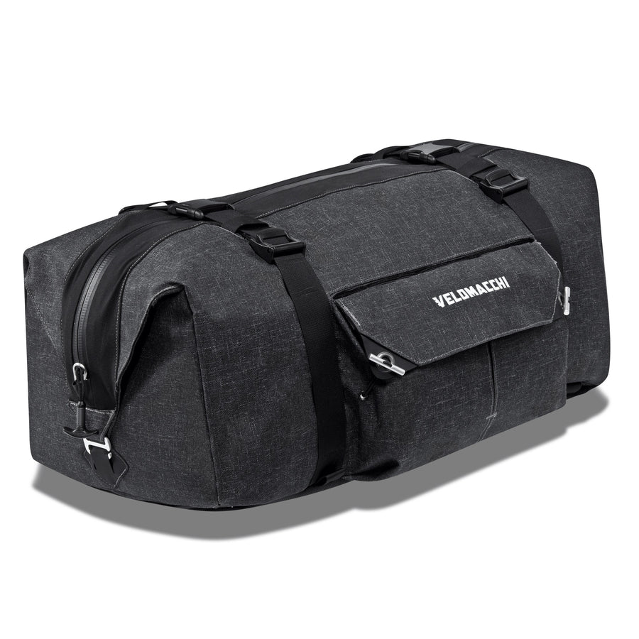 Side profile view of a 50 liter duffle bag that can be mounted as a motorcycle tail bag.