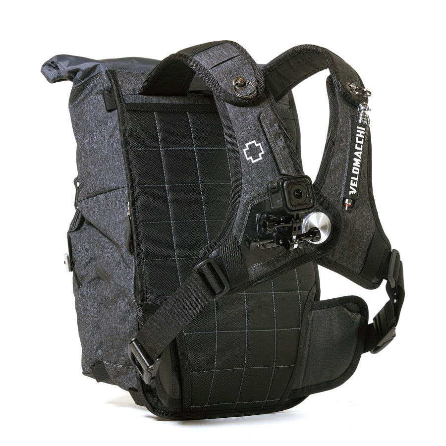 Roll-top daypack with GoPro mounted on shoulder strap