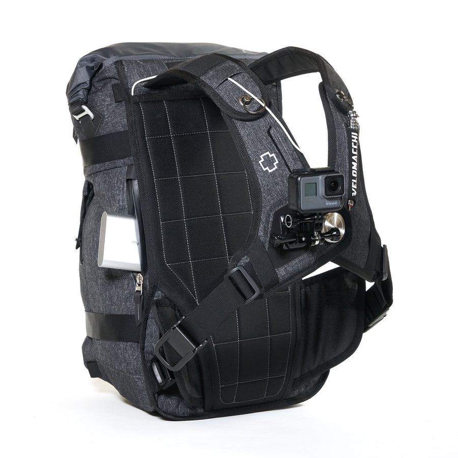 40L backpack onboard battery charging and GoPro mounted for motorcycle commuting