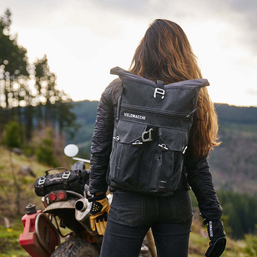 Back view on a medium-sized backpack for motorcycle commuting.