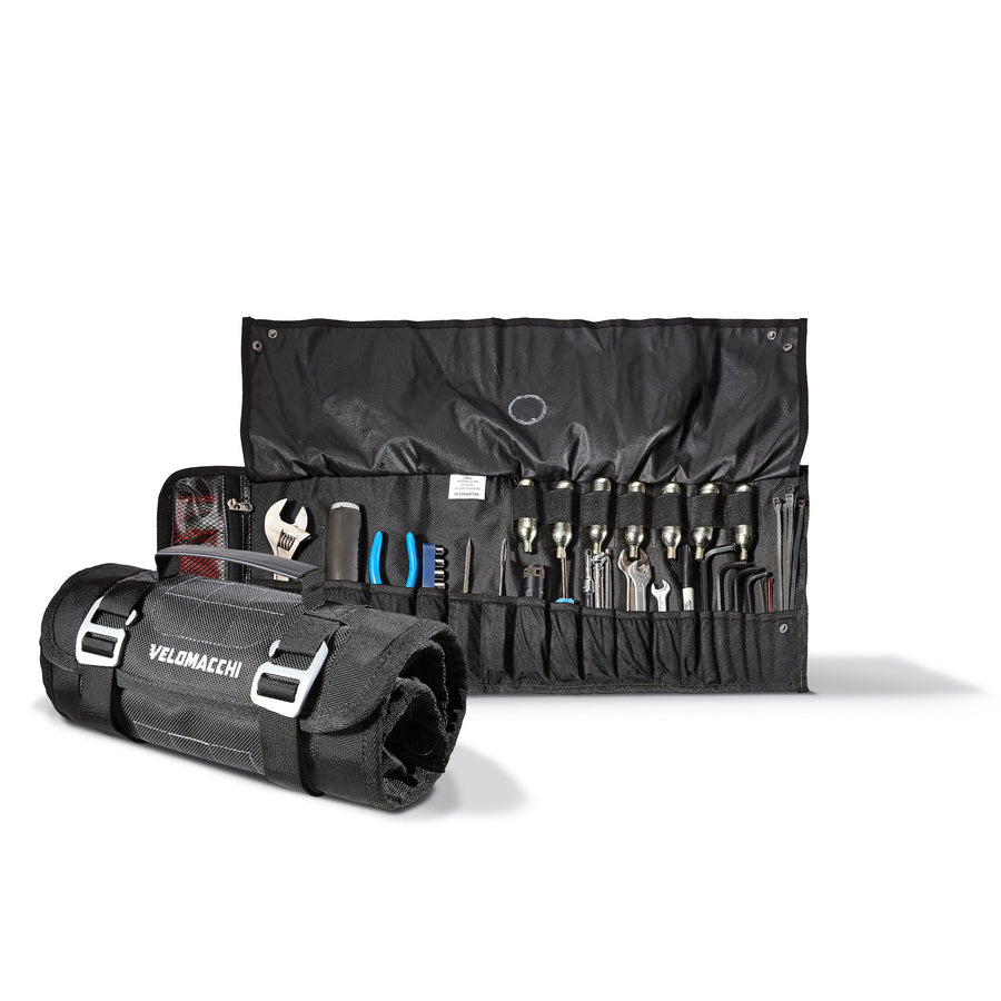 A motorcycle tool-roll reinforced elastic tool pockets fit a wide variety of tools.